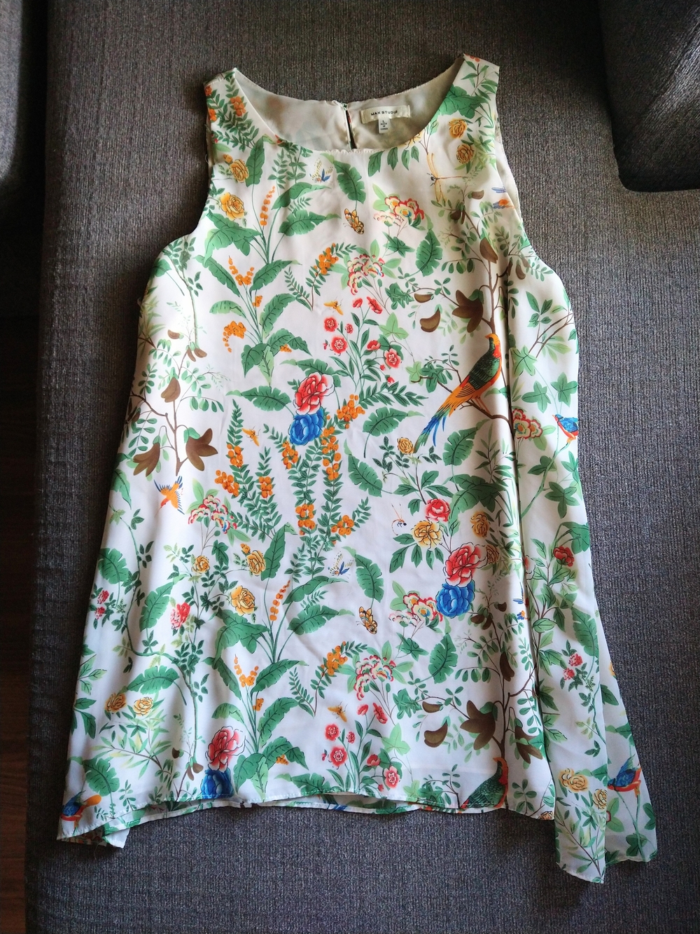 Max Studio Creme Chiffon Sleeveless A-Line Blouse Floral Pheasant - Large